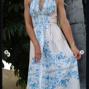 Socialite Midi Halter Dress Blush Blue Floral SZ XL